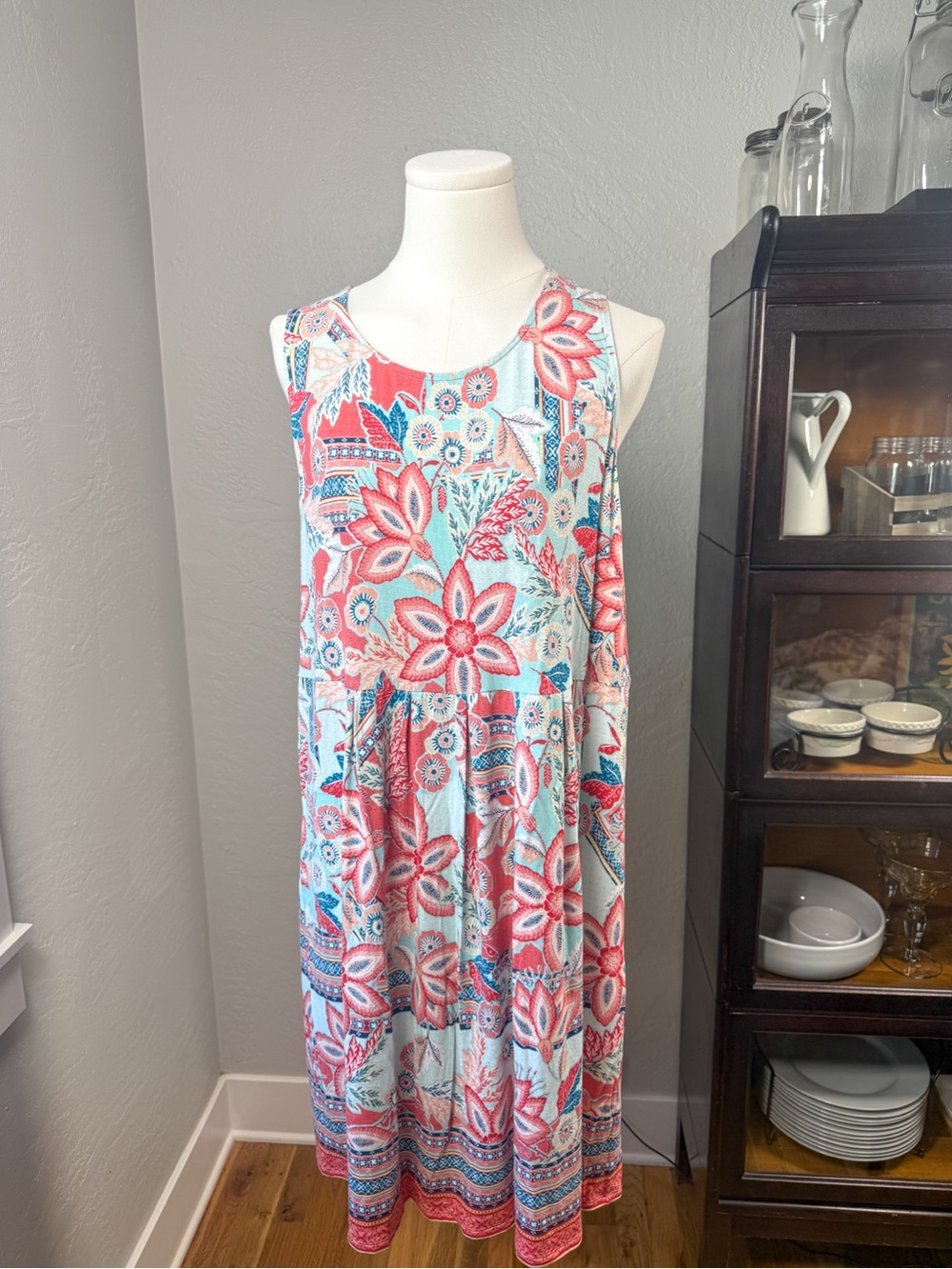 J.Jill Sleeveless Floral Print Coral Aqua Boho Midi Dress Stretch Fabric Size M
